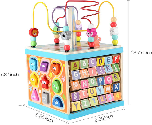 Qilay Wooden Activity Cube for Toddlers 1-3 - 5 in 1 Multipurpose ABC-123 Abacus Bead Maze Shape Sorter