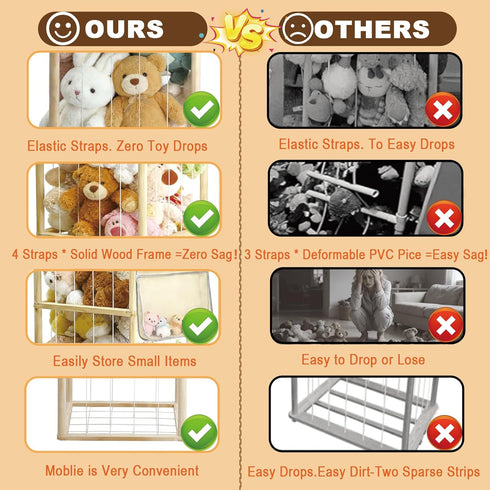 Thick&Thin Stuffed Animal Storage & Organizer, Wooden Zoo Toy Holder with Net, Large Plushies Storage with Wheels