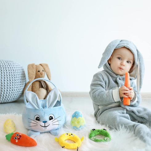 Baby's First Easter Basket Playset, 6ct Stuffed Plush Easter Basket with Bunny, Chick, Carrot, Egg, Frog Toys