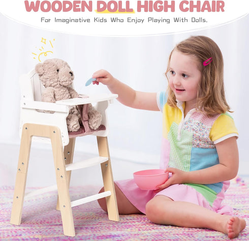 18 Inch ROBOTIME Wooden Baby Doll High Chair, Pink Wooden Baby Doll Chair for Dolls, Pretend Play High Chair Baby Doll
