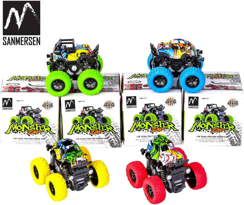 M SANMERSEN Monster Trucks for Boys, 4 Pack Push and Go Friction Powered Cars, 360° Rotating Stunt Car Gifts