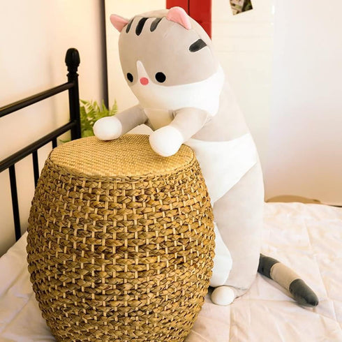 Long Gray Cat Plush Pillow Toy - Cute Cartoon Cat Stuffed Animal, Soft Long Body Pillow Gift for Kids (35.43in)