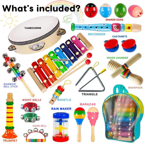 Kids Musical Instruments, INLAIER Toddler Wooden Percussion Instruments Tambourine Xylophone Toys for Kids Children