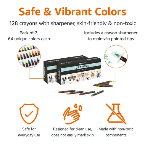 128 Count (2 Pack 64) Amazon Basics Crayons with Sharpener