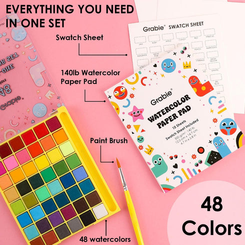 Set, 48 Grabie Mini Watercolor Colors with Brush, Paper Pad and Swatch Sheet, Travel Watercolors Painting Kit