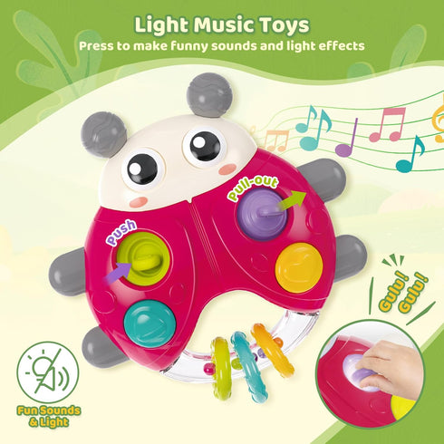 SURDOTE 3-6-12-18-24 Ladybug Baby Light Up Toys with Rattle Led Light Music, Interactive Educational Fine Motor