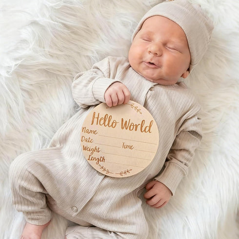 Mindow 5.9 Inch Baby Announcement Sign, Round Wooden Hello World Newborn Sign Keepsake with Ink Pad for Hand