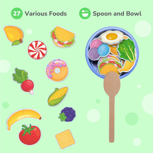 Set 1-4+ (27 Bimi Boo Wooden Feeding Toy - Montessori Pretend Play Food for Toddlers - Fine Motor Skills Scooping Toy