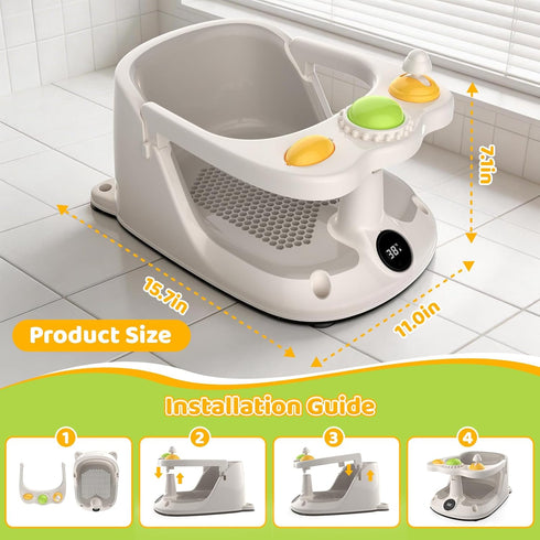 Cetuai 8-18 Baby Bath Seat for Months, Non-Slip Toddler Bath Chair with Suction Cups & Temperature Display, Ergonomic