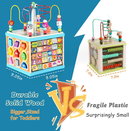 Qilay Wooden Activity Cube for Toddlers 1-3 - 5 in 1 Multipurpose ABC-123 Abacus Bead Maze Shape Sorter