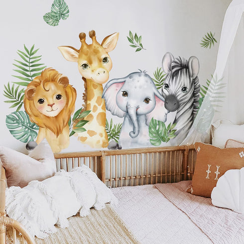 52.51x23.62 Inch Watercolor Jungle Animal Wall Decals Safari Forest Animal Wall Sticker Elephant Lion Monkey Decals