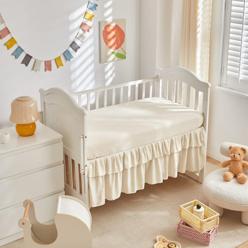 Set 3 Tufted Ruffle Crib Bedding Pieces Baby Boho Quilted Comforter with Fitted Sheet and Bed Skirt - Cute Ruffled
