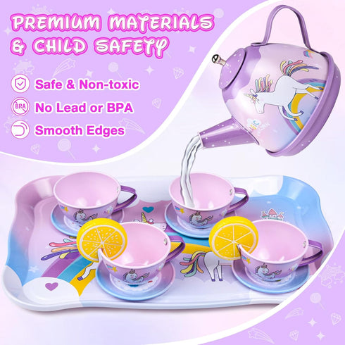 Set 63Pcs Sets Playset, Tea Party for Little Girls: Pretend Play Toys, Unicorn Princess Dress Up Tea Time, Tin Tea