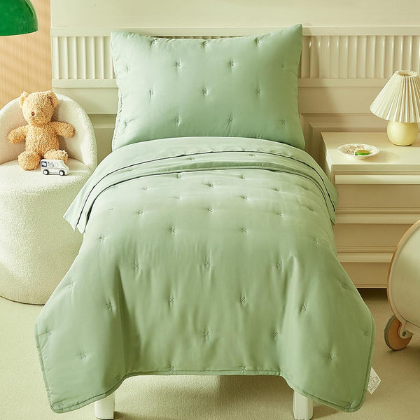 DuShow Green 4 Piece Toddler Bedding Set for Boys Girls,Embroidery Microfiber Crib