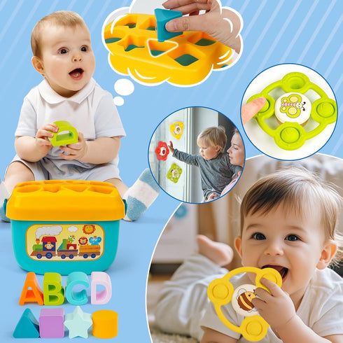 61218 1+ Montessori Toys for Babies Ages Months with Sensory Shape Sorter Matching Game Box Stacking Cups Soft Ring