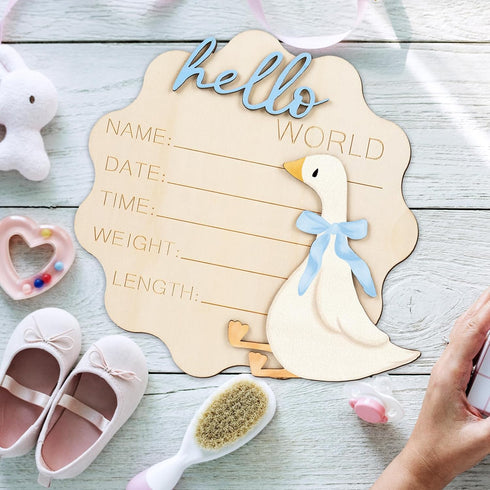 FYSUIMU Silly Goose Birth Announcement Sign Hello World Newborn Sign Blue Bow Goose Newborn Milestone Wooden Board