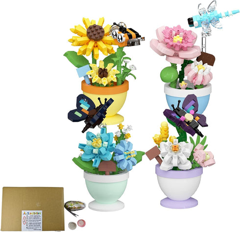 Sacblirr Set 4 of Mini Flower Bonsai with Cute Insects - DIY Potted Plant Building Blocks for Kids and Adults