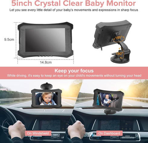 VSSTECH 5 Inch 360 Baby Car Camera & Rear-Facing Infant Monitor with IR Night Vision, Rotatable, Simple Backseat
