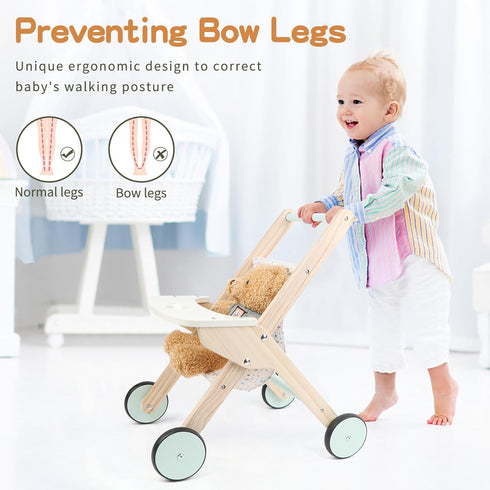 Wooden Baby Walker Doll Stroller - Baby Push Walker & Shopping Cart Learning Toy for Boys and Girls