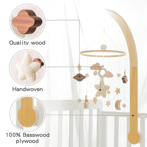 Set let's make Baby Crib Mobile with Arm Boho Star Moon Nursery Mobile Wooden Baby Mobile Holder for Hanging Nursery