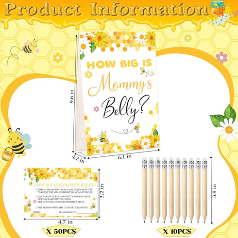 Set Mommy's 64 50 10 3 WNINK Guess Baby Shower Games How Big is Belly Sign, Pcs Measure Bump Game with Guessing Cards
