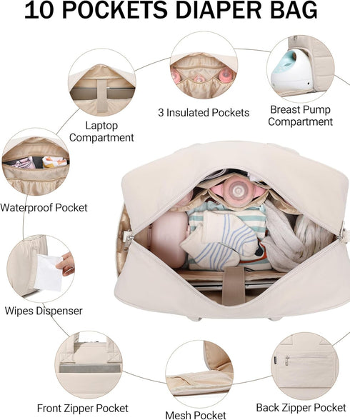 Puffer Quilted Diaper Tote with Breast Pump Compartment & Changing Pad