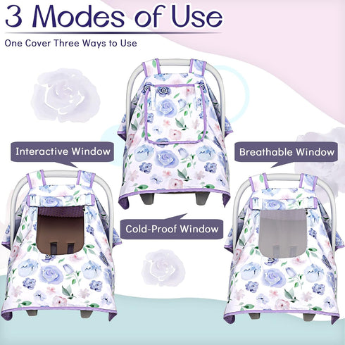 Cozy Baby Carseat Seat Cover Girls, Winter Carseat Canopy, & Warm Cover with Zipper Peep Windows, Infant Minky Carrier