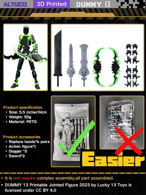 Preassembled Black T13 Action Figure with Multiple Accessories, 3D Printed Multi-Jointed Titan 13 Desktop Toy