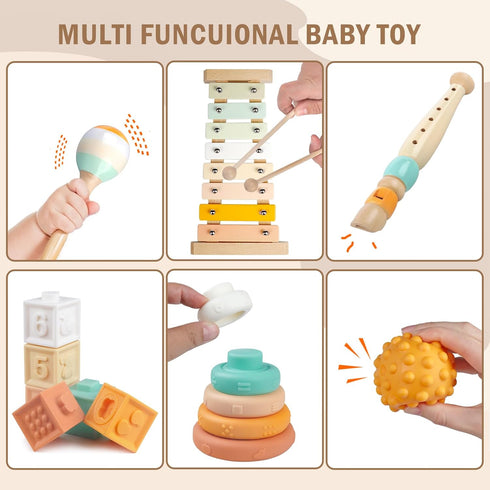 Meytccve 1-3,Wooden 1+ Baby Toys Montessori Toys for Babies Musical Instruments Toy Stacking Building Blocks,Infant