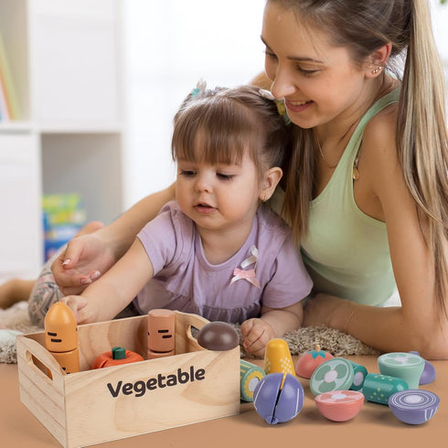 10 Set 3+ PCS Vegetable Wooden Play Food for Kids Kitchen, Wooden Food Cutting Toys, Pretend Play Kitchen Accessories