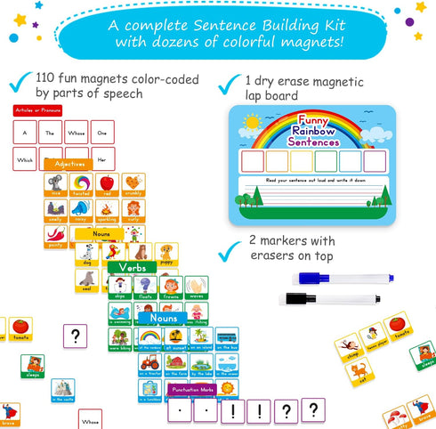 110 PCS Sentence Building Kit for Kids, Speech Therapy Toys, Word Building Magnets, Reading Games for Toddlers