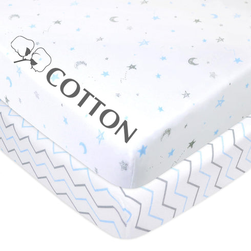 American Baby Company 2 Pack 100% Natural Cotton Fitted Mini Crib Sheets, 38" x 24", Blue Star/Zigzag