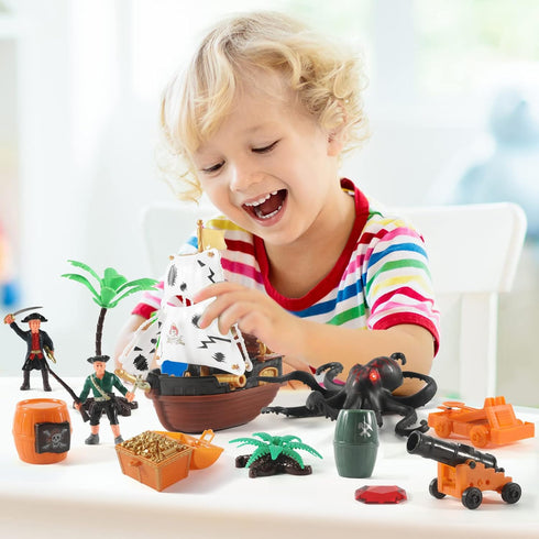 Playset 50 Set 2 3 4 5 6 Pirate Action Figures with Boat, Treasure Chest, Cannons, Shark, Pirate Ship Toys-Pirate Toy