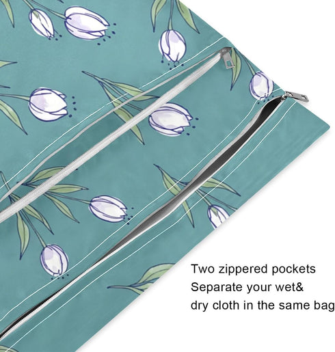 Burbuja 2 Pack, 2 Flowers on Teal Wet Dry Bags for Baby Cloth Diaper Waterproof Reusable Wet Bag with Zippered Pockets