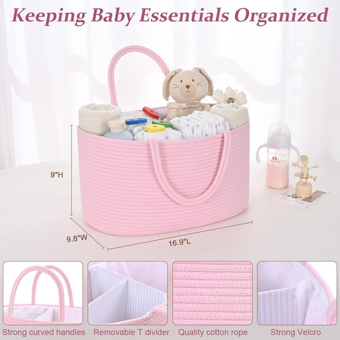 19L 16.8"x9.8"x9" Baby Diaper Caddy Organizer, Cotton Rope Diaper Basket, Changing Table Storage Caddy With Removable