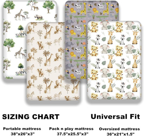 FIGEPO 4 Pack Set (Pack Safari Jungle Animals Neutral Unisex Fitted Nursery Baby Sheets Toddler Mattress Sheets