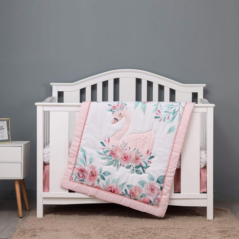 CribMATE 3 PCs Pink Floral Swan Themed Nursery Crib Bedding Set Baby Girl