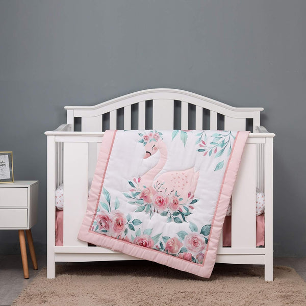 CribMATE 3 PCs Pink Floral Swan Themed Nursery Crib Bedding Set Baby Girl