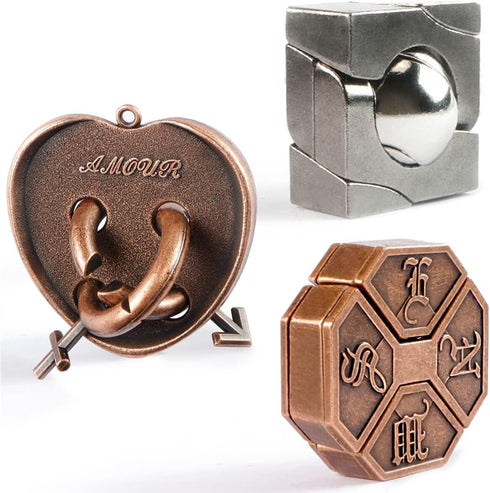 Brain Teaser Puzzles, 3 Pieces Metal Cast Puzzle Games, 3D Highly Difficult Adult Puzzles, IQ Educational Box