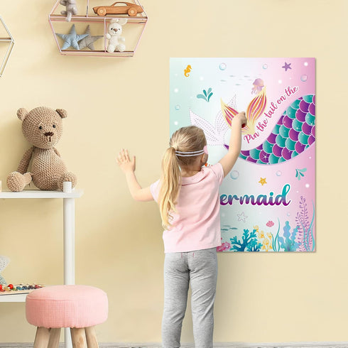 WERNNSAI Pin The Tail on The Mermaid Game - Mermaid Party Decorations with 21'' x 28'' Poster & 24 Pcs Tail Stickers