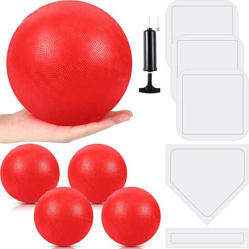 Hiboom 10 Pcs Kickball Set with 10 Inches Dodgeball, 5 Rubber Bases, Needles and Ball Pump for Backyard Games