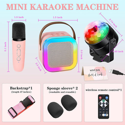 Karaoke Machine for Kids, Portable Bluetooth Speaker with 2 Wireless Microphones, Disco Ball Strobe Lamp for Dance