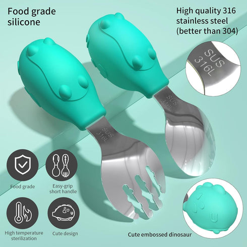 Deejoy Toddler Utensils, Toddler Spoons and Forks, Stainless Steel Spoon Toddler Silverware Set, Kids Silverware Self Feeding Flatware Set with Travel Safe Case for Kids (Green) by Deejoy