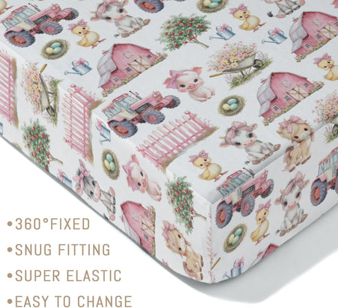 Selgkds 52''x28'' Pink Farm Animals Baby Crib Sheets for Girls Barn Pig Duck Cow Horse Bows Tractors Soft Snug Fitted