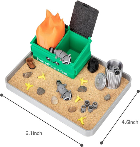 Stylor 3D Dumpster Fire Zen Garden Desk Decor - Print Plastic Miniature Sandbox with Raccoon & Flames, Humorous Office