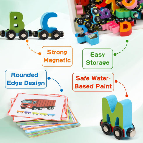 27 Set 42 1 1 Wondertoys Wooden Alphabet Train Toy PCS Magnetic Alphabet ABC Letter Train Includes PCS Flash Cards