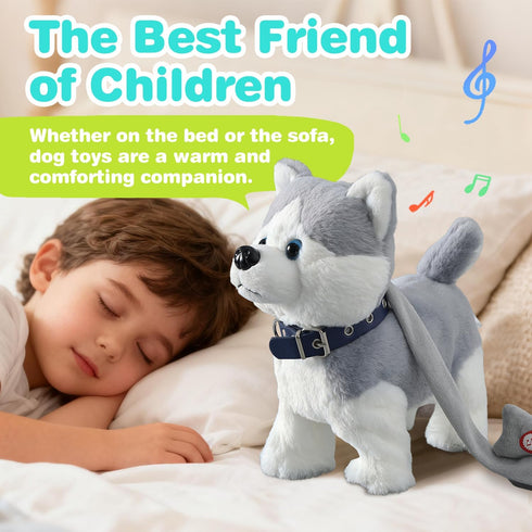 HCdoujoy Husky Walking Dog Barking Toy, Musical Singing Dancing Volume Control Interactive Puppy Walk Along with Leash