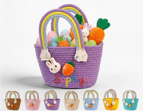 OXYEFEI Personalized Easter Basket for Kids,Custom Cute Easter Rabbit Carrot Cotton Woven