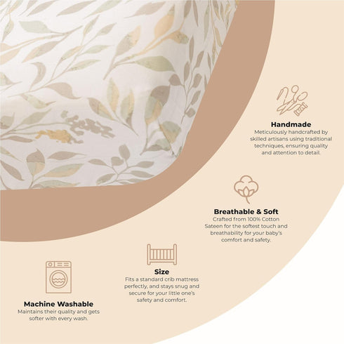 100% 28" 52" 9", Crane Baby Crib Sheets Neutral, Cotton Crib Sheets Girl or Boy, Neutral Leaf Pattern, Crib Bedding, x
