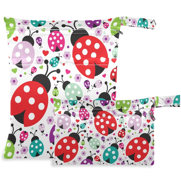 visesunny Cute Ladybug Polka Dot 2Pcs Wet Bag with Zippered Pockets Washable Reusable
